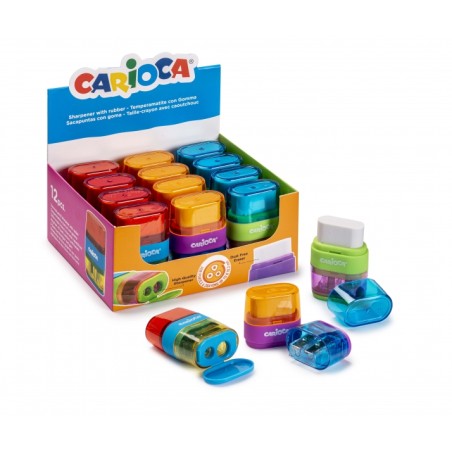 ✅ Carioca Afila-Borra Présentoir de 12 taille-crayons avec caoutchouc - Double trou - Convient pour crayons et en stock