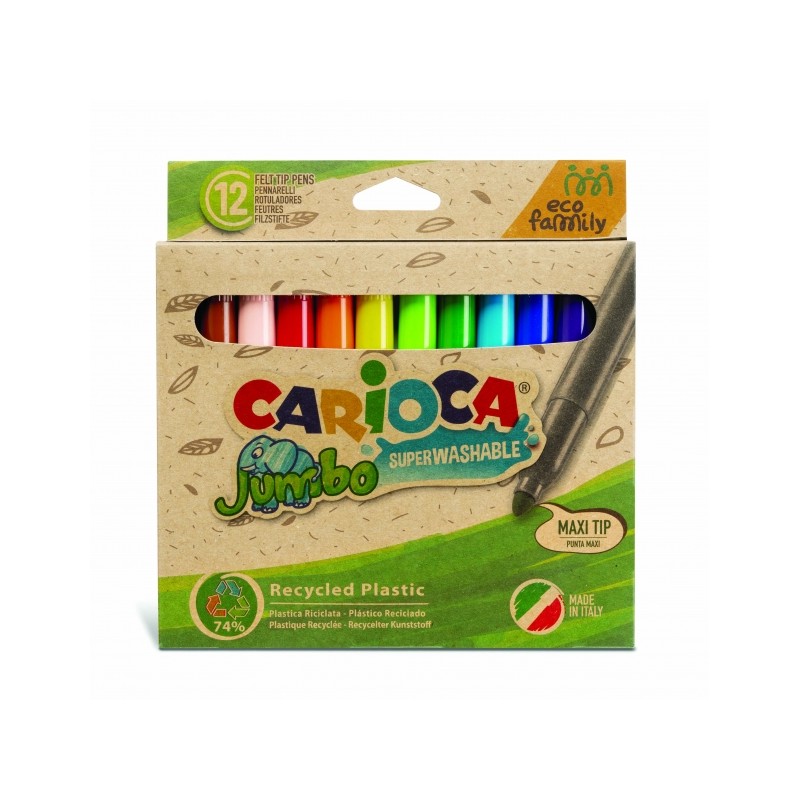 Carioca Jumbo Eco Family Pack de 12 Marqueurs - Pointe Maxi 6 mm - Encre Super Lavable - Capuchon Ventilé - Couleurs Diverses
