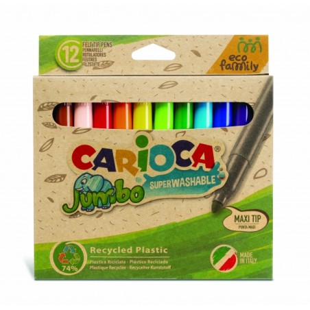 ✅ Carioca Jumbo Eco Family Pack de 12 Marqueurs - Pointe Maxi 6 mm - Encre Super Lavable - Capuchon Ventilé - C en stock