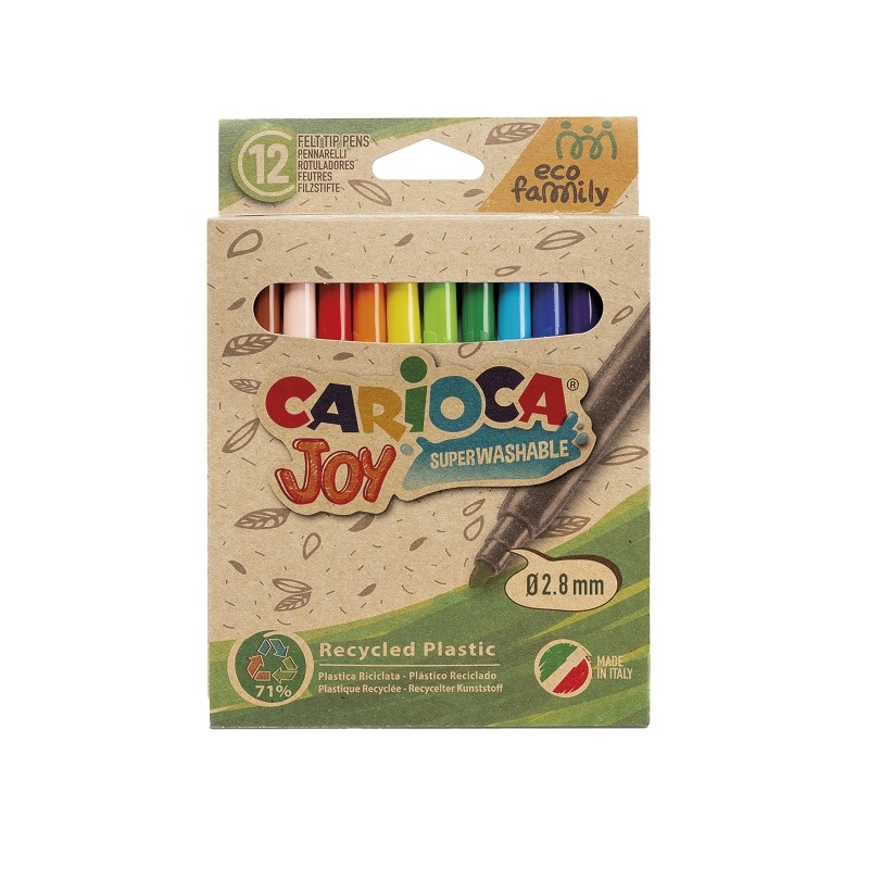 Carioca Joy Lot de 12 marqueurs à pointe fine Eco Family - Encre super lavable - Pointe fine verrouillée 2,8 mm - Capuchon