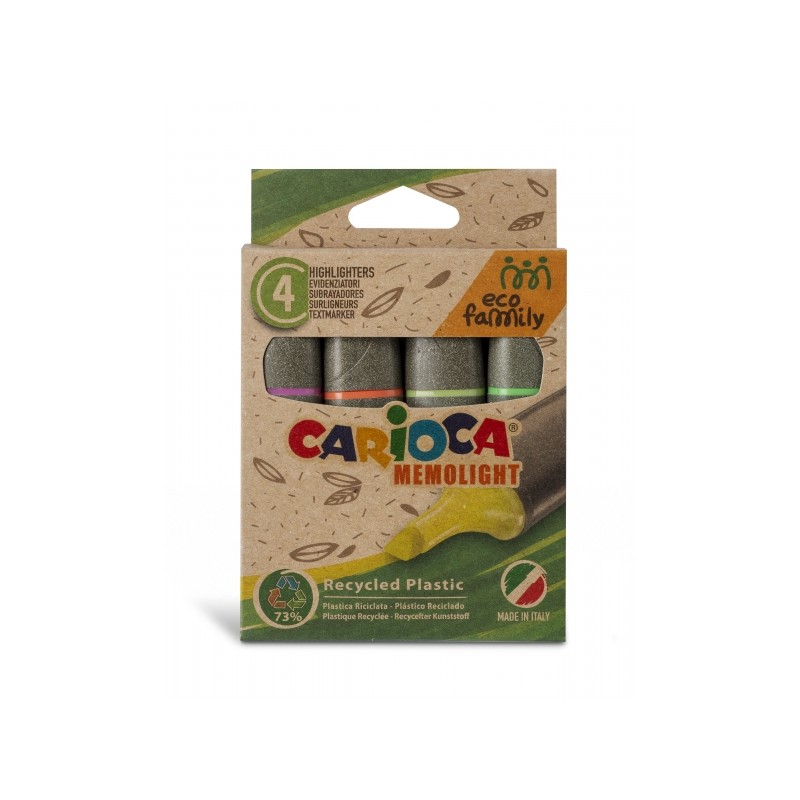 Carioca Eco Family Pack de 4 surligneurs - Couleurs vives - Encre à base d'eau - Pointe biseautée 5 mm - Différentes couleurs