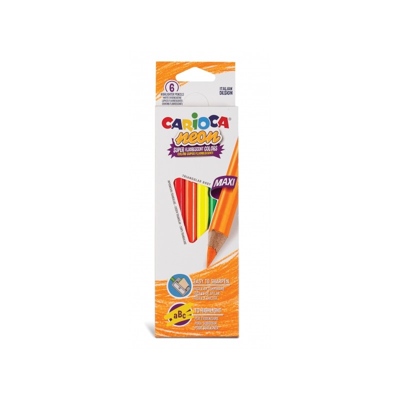 Carioca Lot de 6 Crayons Triangulaires Maxi Néon - Couleurs Fluorescentes - Écriture Douce - Adaptés pour Souligner et