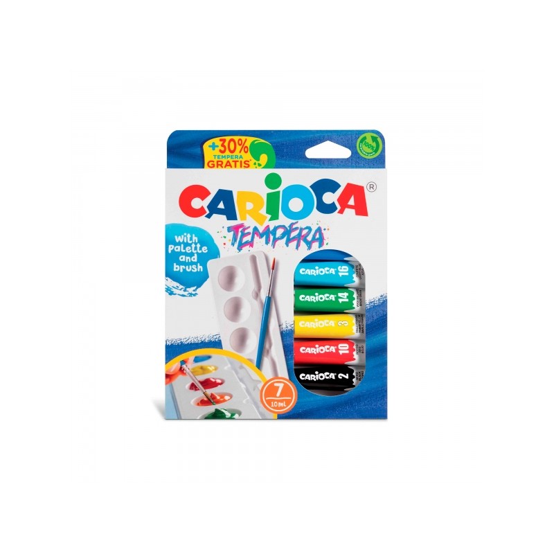 Carioca Pack de 7 Tubes Tempera - Comprend Pinceau et Palette - Couleurs Super Lavables - Haut Pouvoir Couvrant - pour