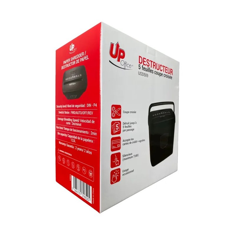 Up office UOD509 - destructeur de documents coupe croisée - 5 feuilles - Corbeille 12,5 litres