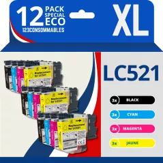 Pack compatible Brother LC521, 12 cartouches (remplace LC-521)