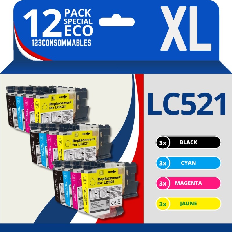 Pack compatible Brother LC521, 12 cartouches (remplace LC-521) Pack compatible Brother LC521, 12 cartouches (remplace LC-521)