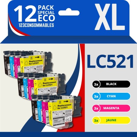 ✅ Pack compatible Brother LC521, 12 cartouches (remplace LC-521) couleur pack en stock