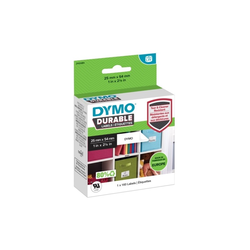 Étiquettes Dymo Durable originales, lot de 160 – Texte noir sur fond blanc – 25 mm x 54 mm – 2112283