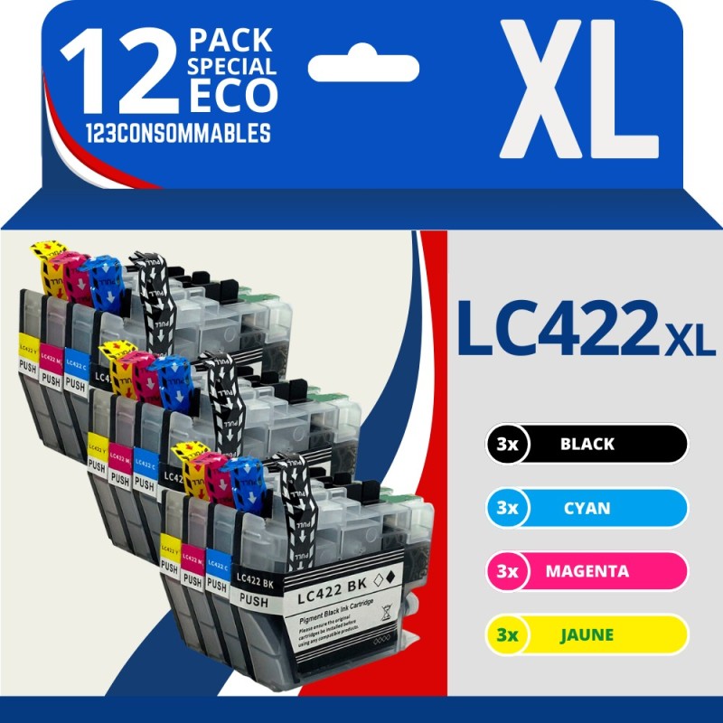 Pack compatible BROTHER LC422 XL, 12 cartouches