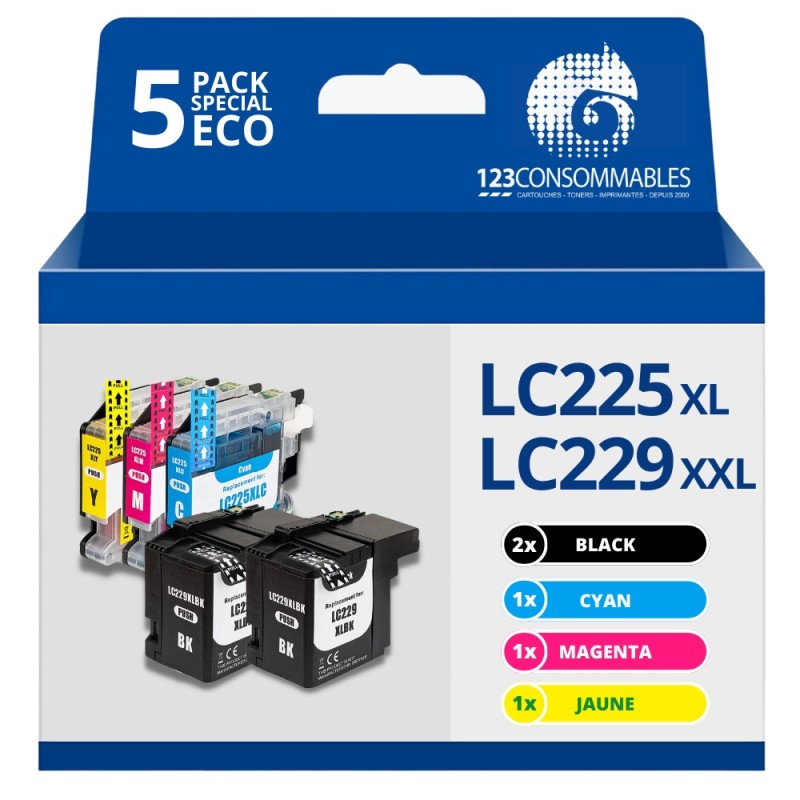 Pack compatible avec BROTHER LC225XL/LC229XXL, 5 cartouches Pack compatible avec BROTHER LC225XL/LC229XXL, 5 cartouches