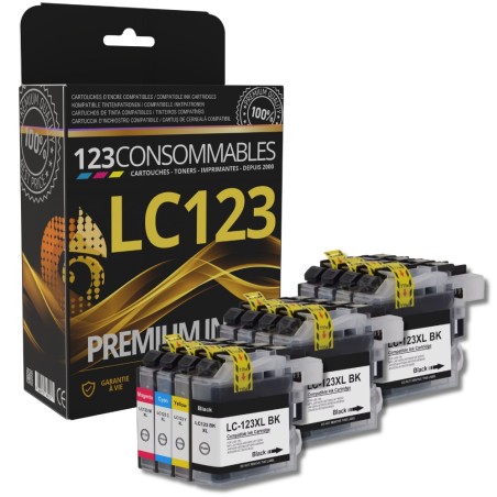 ✅ Pack 123CONSOMMABLES compatible BROTHER LC-123 12 cartouches couleur pack en stock