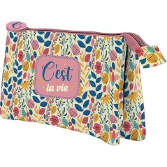 ✅ Trousse triple Dohe C'est la Vie - Fermeture à double zip avec tirette en caoutchouc couleur Plusieurs couleu en stock