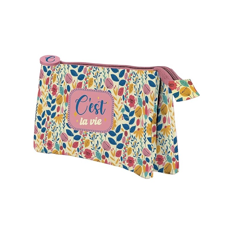 Trousse triple Dohe C'est la Vie - Fermeture à double zip avec tirette en caoutchouc