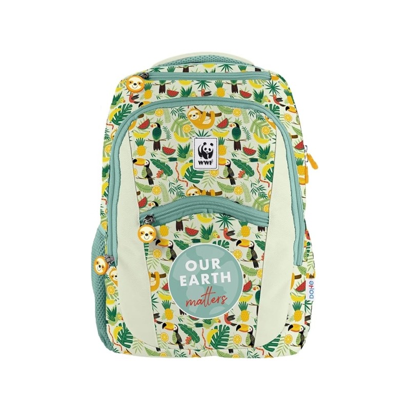 Sac à dos scolaire Dohe WWF Tropic - Compartiment principal avec poche rembourrée - Poches latérales pour boissons - Dos
