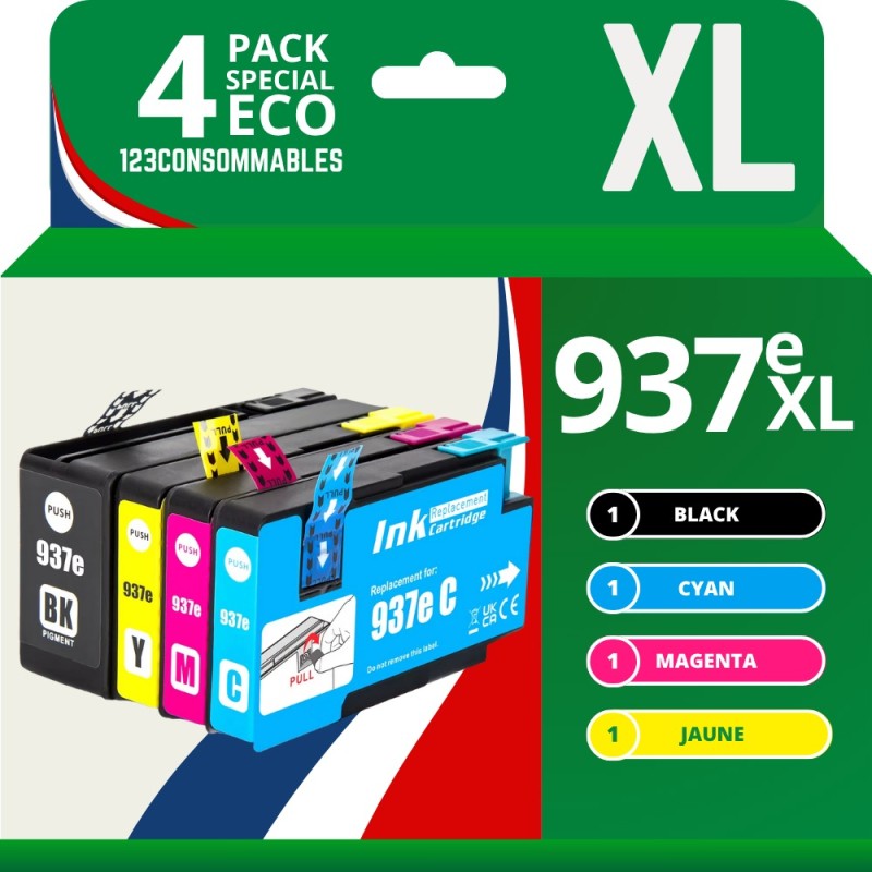 Pack de 4 Cartouches d’Encre Compatibles HP 937e XL – Noir, Cyan, Magenta, Jaune – Haute Capacité Pack de 4 Cartouches d’Encre Compatibles HP 937e XL – Noir, Cyan, Magenta, Jaune – Haute Capacité
