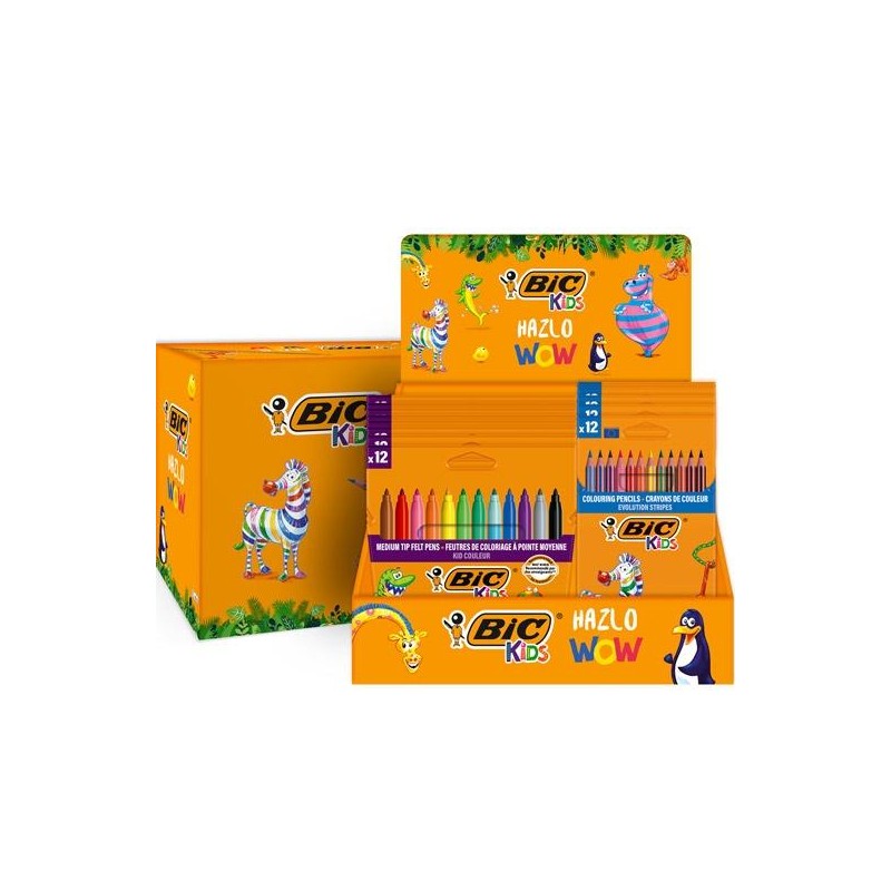 Bic Kids Présentoir de 12 Paquets de 12 Feutres Couleur + 12 Paquets de 12 Crayons de Couleur Evolution Stripes - Couleurs