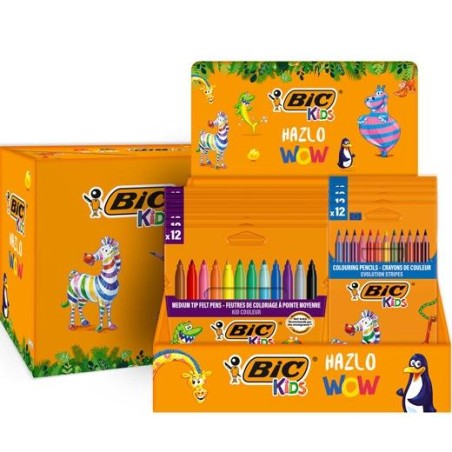 ✅ Bic Kids Présentoir de 12 Paquets de 12 Feutres Couleur + 12 Paquets de 12 Crayons de Couleur Evolution Strip en stock