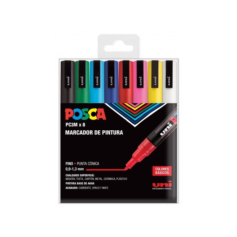 Posca PC-3M Etui de 8 Marqueurs Peinture - Pointe Conique Polyester 0,9-1,3 mm - Encre à Base d'Eau - Non Permanent - Résistant