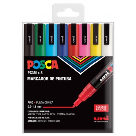 ✅ Posca PC-3M Etui de 8 Marqueurs Peinture - Pointe Conique Polyester 0,9-1,3 mm - Encre à Base d'Eau - Non Per en stock