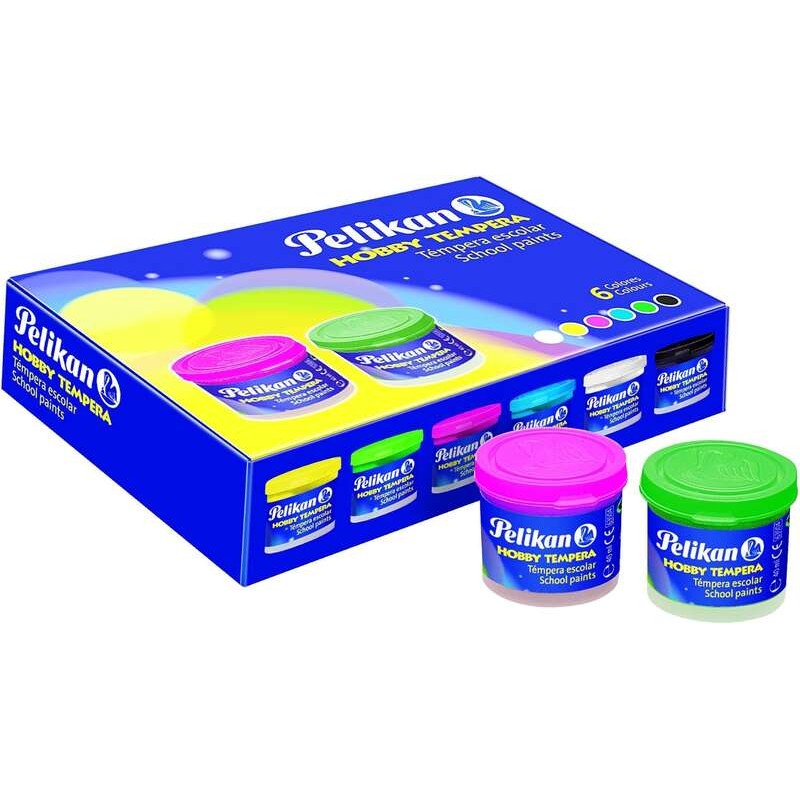 Pelikan Lot de 6 Tempera - Pot 40 ml - avec Pinceau - Pots 40 ml - 6 Couleurs + 1 Pinceau - Pigments Sélectionnés - Consistance