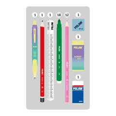 ✅ Trousse à 2 niveaux Milan Sunset avec 2 gommes, taille-crayon, crayon, stylo compact, règle, 12 crayons de c en stock
