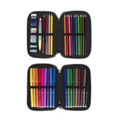 Trousse à 2 niveaux Milan Sunset avec 2 gommes, taille-crayon, crayon, stylo compact, règle, 12 crayons de couleur et 18