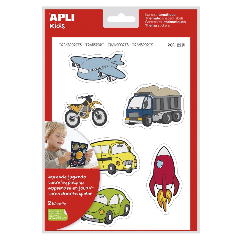 LOT de 5 Apli Transport Theme Stickers xL - 24 Stickers sur 2 Feuilles A4 - Illustrations Moyens de Transport - Adhésif