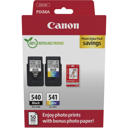 ✅ Canon PG-540/CL-541 Pack de 2 Cartouches d'Encre Originales + 50 Feuilles de Papier Photo - 5225B013 couleur S en stock