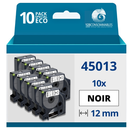✅ Pack de 10 Rubans compatible avec DYMO D1 45013 - Texte noir sur fond blanc - Largeur 12 mm x 7 mètres couleu en stock