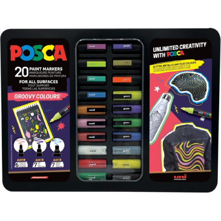 ✅ Posca Groovy Colors Valise en métal avec 20 marqueurs peinture - Couleurs et traits assortis - Pointe polyest en stock