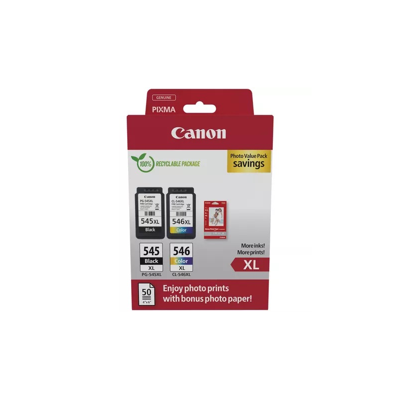 Canon PG-545XL/CL-546XL Pack de 2 Cartouches d'encre + 50 Feuilles de Papier Photo - 8286B011 Canon PG-545XL/CL-546XL Pack de 2 Cartouches d'encre + 50 Feuilles de Papier Photo - 8286B011