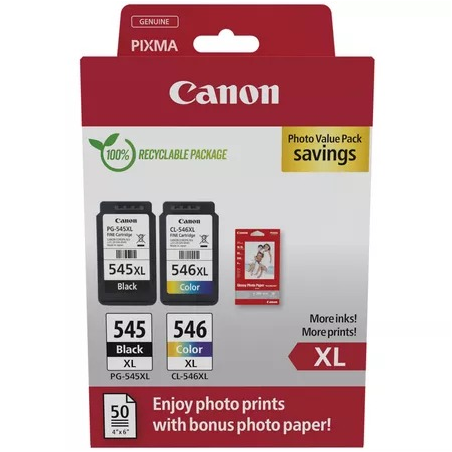 ✅ Canon PG-545XL/CL-546XL Pack de 2 Cartouches d'encre + 50 Feuilles de Papier Photo - 8286B011 couleur pack en stock