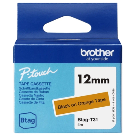 Ruban Brother Btag-T31 12 mm - Texte noir sur fond orange - Mesures 12 mm x 4 mètres - Convient pour PTN10, PTN20, PTN25BT