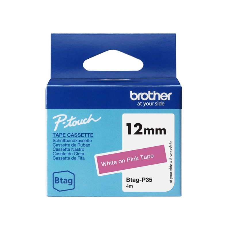 Ruban Brother Btag-P35 12 mm - Texte blanc sur fond rose - Mesures 12 mm x 4 mètres - Convient pour PTN10, PTN20, PTN25BT