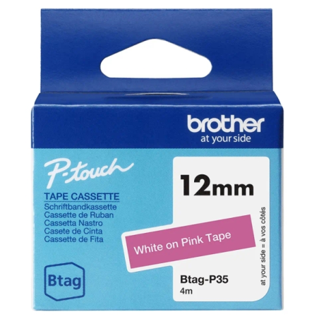 Ruban Brother Btag-P35 12 mm - Texte blanc sur fond rose - Mesures 12 mm x 4 mètres - Convient pour PTN10, PTN20, PTN25BT