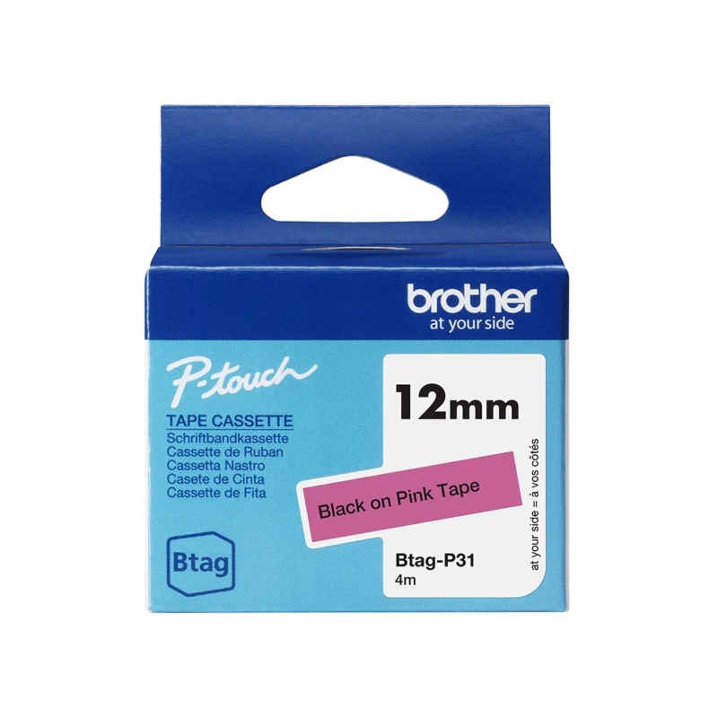 Ruban Brother Btag-P31 12 mm - Texte noir sur fond rose - Mesures 12 mm x 4 mètres - Convient pour PTN10, PTN20, PTN25BT
