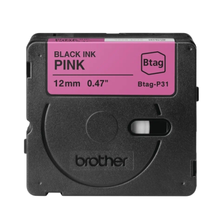 Ruban Brother Btag-P31 12 mm - Texte noir sur fond rose - Mesures 12 mm x 4 mètres - Convient pour PTN10, PTN20, PTN25BT