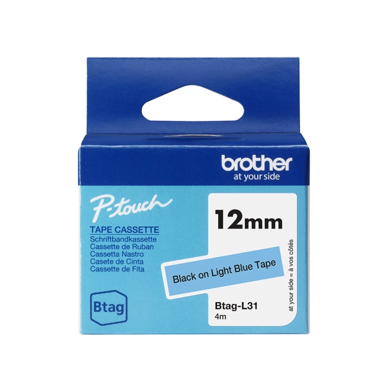 Ruban Brother Btag-L31 12 mm - Texte noir sur fond bleu clair - Mesures 12 mm x 4 mètres - Convient pour PTN10, PTN20, PTN25BT