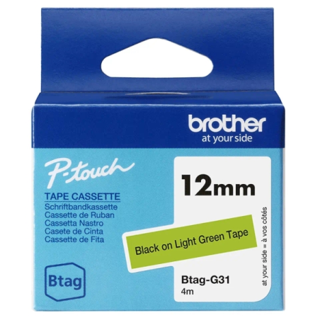 Ruban Brother Btag-G31 12 mm - Texte noir sur fond vert - Mesures 12 mm x 4 mètres - Convient pour PTN10, PTN20, PTN25BT