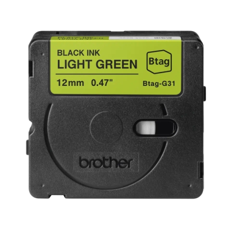 Ruban Brother Btag-G31 12 mm - Texte noir sur fond vert - Mesures 12 mm x 4 mètres - Convient pour PTN10, PTN20, PTN25BT