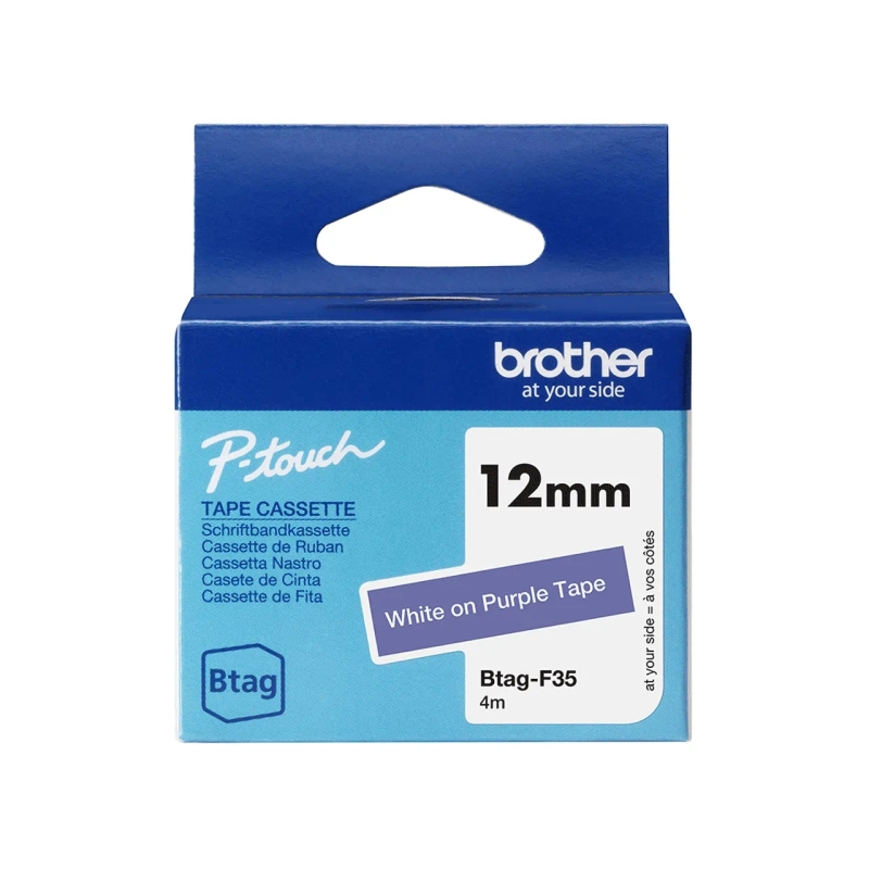 Ruban Brother Btag-F35 12 mm - Texte blanc sur fond violet - Mesures 12 mm x 4 mètres - Convient pour PTN10, PTN20, PTN25BT