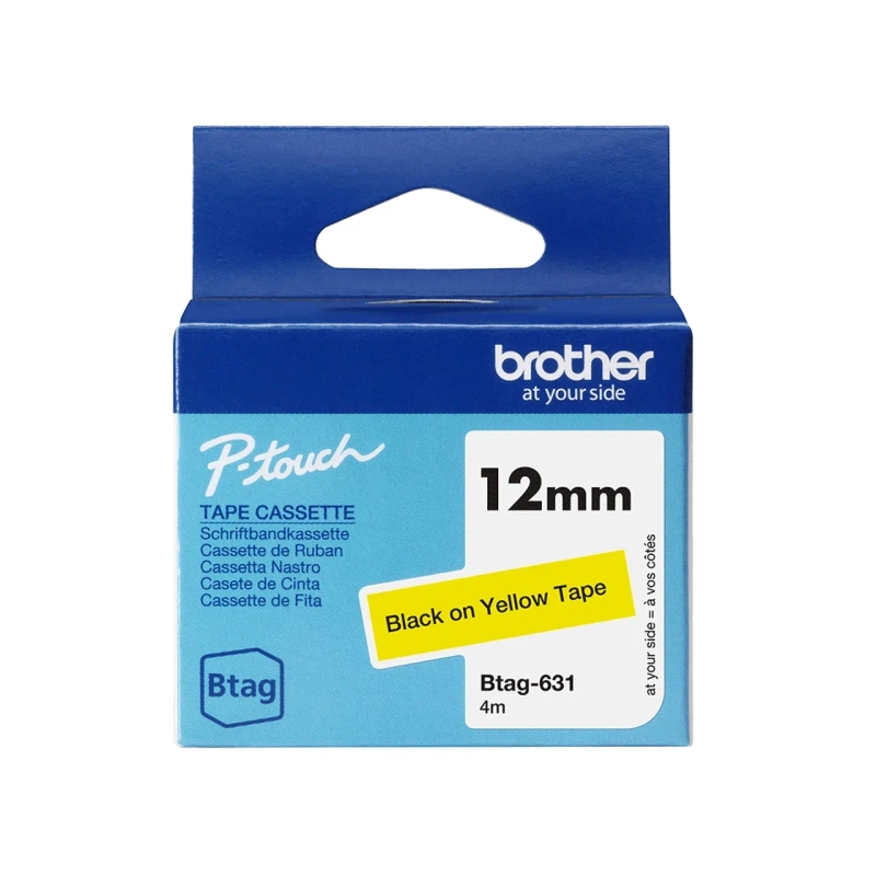 Ruban Brother Btag-631 12 mm - Texte noir sur fond jaune - Mesures 12 mm x 4 mètres - Convient pour PTN10, PTN20, PTN25BT
