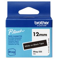 Ruban Brother Btag-335 12 mm - Texte blanc sur fond noir - Mesures 12 mm x 4 mètres - Convient pour PTN10, PTN20, PTN25BT