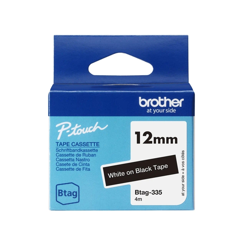Ruban Brother Btag-335 12 mm - Texte blanc sur fond noir - Mesures 12 mm x 4 mètres - Convient pour PTN10, PTN20, PTN25BT
