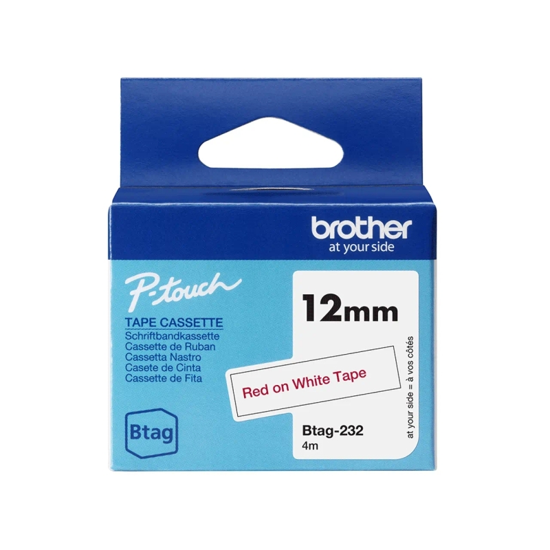 Ruban Brother Btag-232 12 mm - Texte rouge sur fond blanc - Mesures 12 mm x 4 mètres - Convient pour PTN10, PTN20, PTN25BT