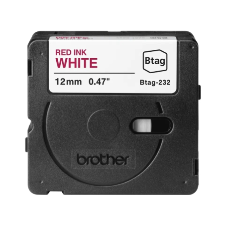 Ruban Brother Btag-232 12 mm - Texte rouge sur fond blanc - Mesures 12 mm x 4 mètres - Convient pour PTN10, PTN20, PTN25BT