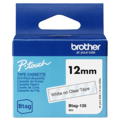 Ruban Brother Btag-135 12 mm - Texte blanc sur fond transparent - Mesures 12 mm x 4 mètres - Convient pour PTN10, PTN20, PTN25BT