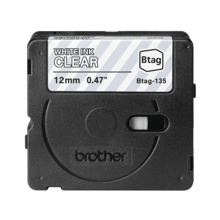 Ruban Brother Btag-135 12 mm - Texte blanc sur fond transparent - Mesures 12 mm x 4 mètres - Convient pour PTN10, PTN20, PTN25BT