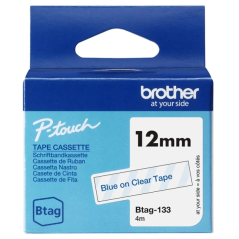 Ruban Brother Btag-133 12 mm - Texte bleu sur fond transparent - Mesures 12 mm x 4 mètres - Convient pour PTN10, PTN20, PTN25BT