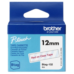 Ruban Brother Btag-132 12 mm - Texte rouge sur fond transparent - Mesures 12 mm x 4 mètres - Convient pour PTN10, PTN20, PTN25BT